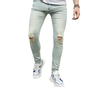 Slim Fit Men's jeans Riiped male pants Men Retro Style Holes Stretch Skinny Jeans Street Male Solid Casual  Denim Pants For Men's Trousers Menswear