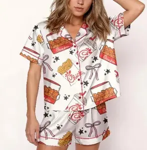 Chicken Nuggets Pajamas Set, Chicken Fried Satin Sleepwear Design, Festive Pajamas Set, Loungewear Gift for Her