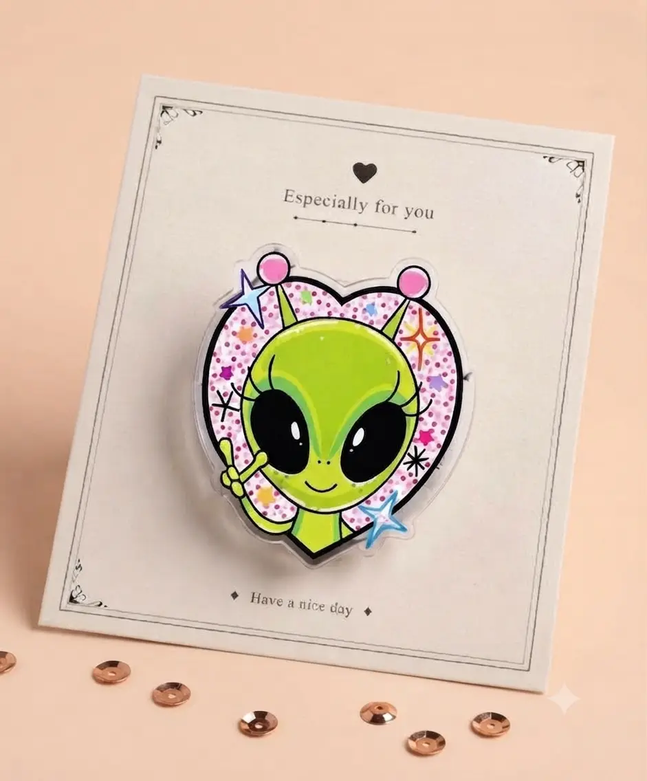 Alien Kawaii MagSafe Phone Grip, Cute Heart Glitter Alien Phone Holder, Y2K Peace Sign Space Girl Magnetic Socket, Trendy Aesthetic Gift for Her