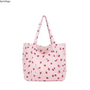 2026 Large-Capacity Versatile Corduroy Printed Strawberry Tote Bag, Sports & Outdoor Storage Purses, Corduroy Shoulder Bag, The Tote Bags For Women