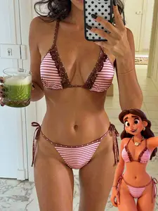 SHISUINA Bikini Swimwear Casual Patterned Striped Polka Dot Beach Outfit Brown Color Fashionable For Outings