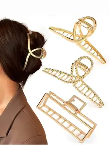3-Pack Large Geometric Hollow Square Twist Cross Metal Hair Clips, Elegant Simple Design, High Ponytail Holder, Updo, Spa Styling Hair Clamps, Hair Clip Set
