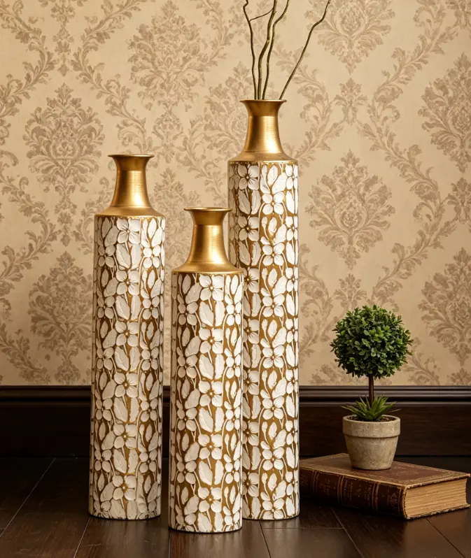 Set of 3 Large White Metal Floor Vases - Sturdy, Rust-Resistant, Scratch-Proof Decorative Vases for Home Decor, Contemporary Modern Minimalist Farmhouse Style, Glossy Finish, White-Gold-Metal Gift for Elegant Interiors
