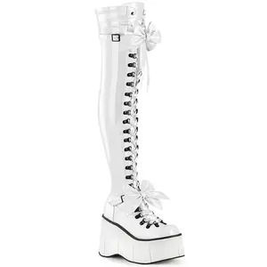 Demonia Kera-303 White Stretch Patent Thigh-high Boots