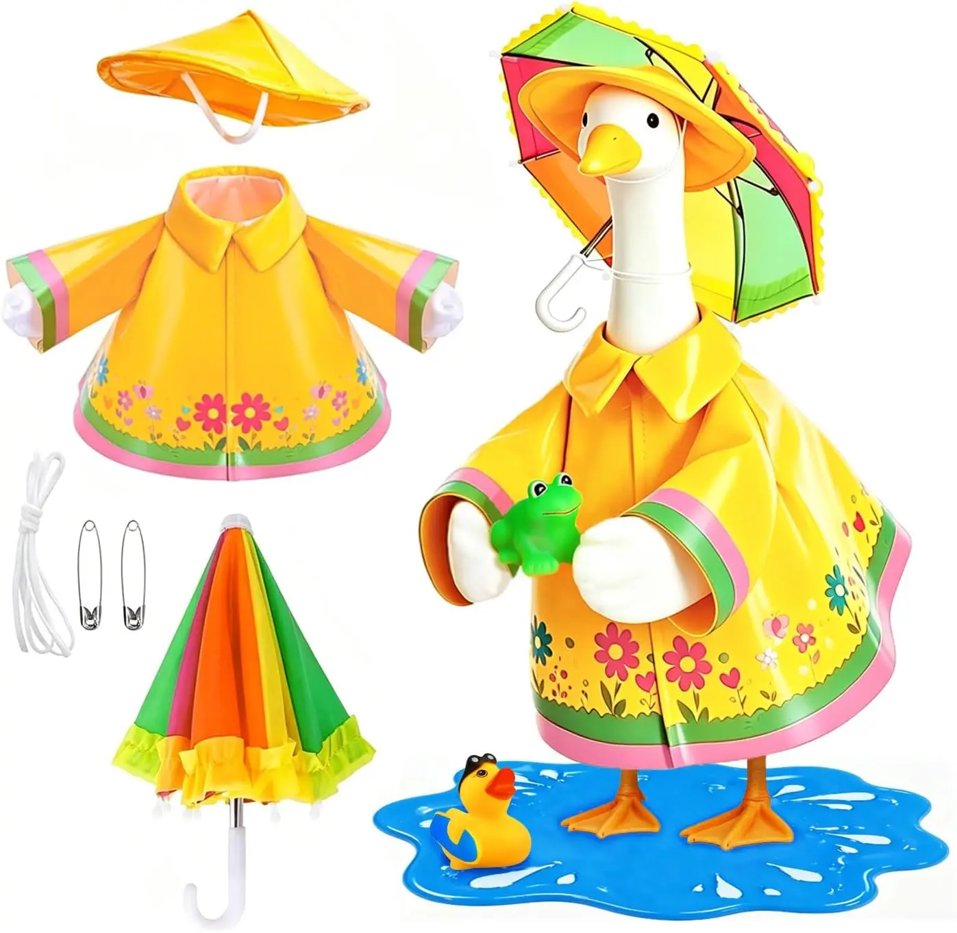 Raincoat Porch Goose Outfits, Spring Summer Yellow Raincoats Costume with Umbrella for 23" Porch Goose Cloths Outdoo Statue Garden