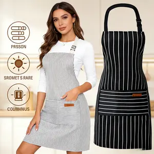Striped Chef Apron with Pocket, Adjustable Waterproof Kitchen Apron for Cooking Baking BBQ