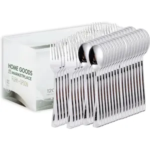 Silver Disposable Cutlery Set, 120 unt Spoons + Forks, Plastic Silverware Set, Perfect for Parties, Holiday Gatherings, Picnics, and Stocking the Pantry