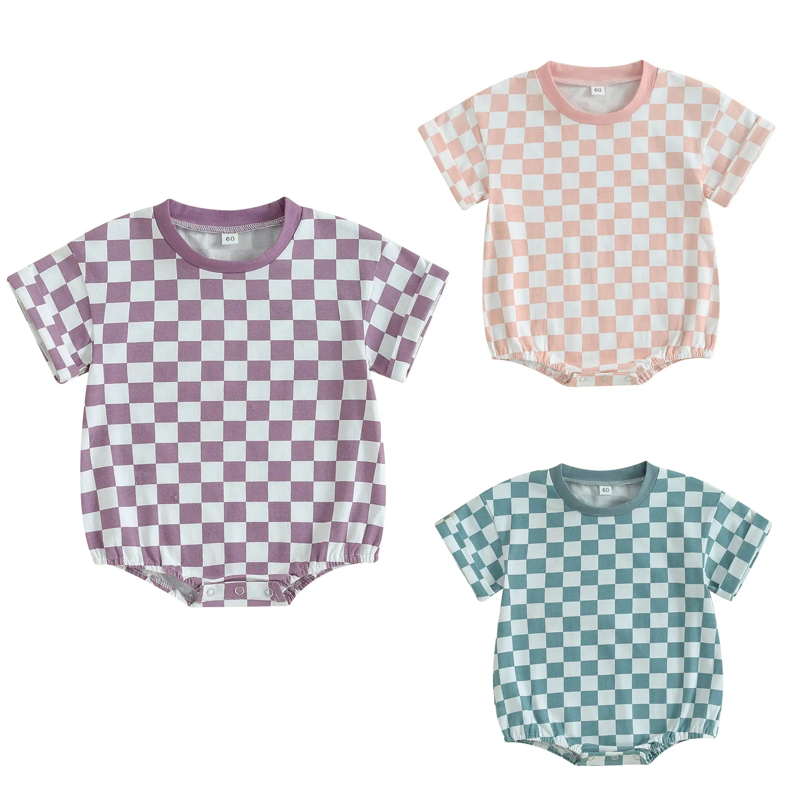 Newborn Baby Girl Bubble Romper Checkered Print T-Shirt Short Sleeve Oversized Onesie Bodysuit Summer Outfit #Springtok