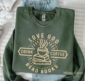 Love God Drink Coffee Read Books Sweatshirt, Vintage Christian Book Lover Sweater, Jesus Coffee Bookish Gift for Readers
