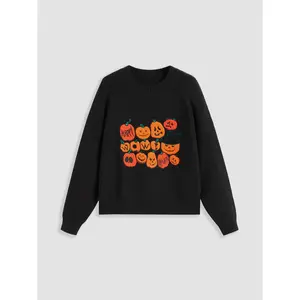Cider [size 2-26] Knit Round Neckline Pumpkin Graphic Oversized Long Sleeve Top