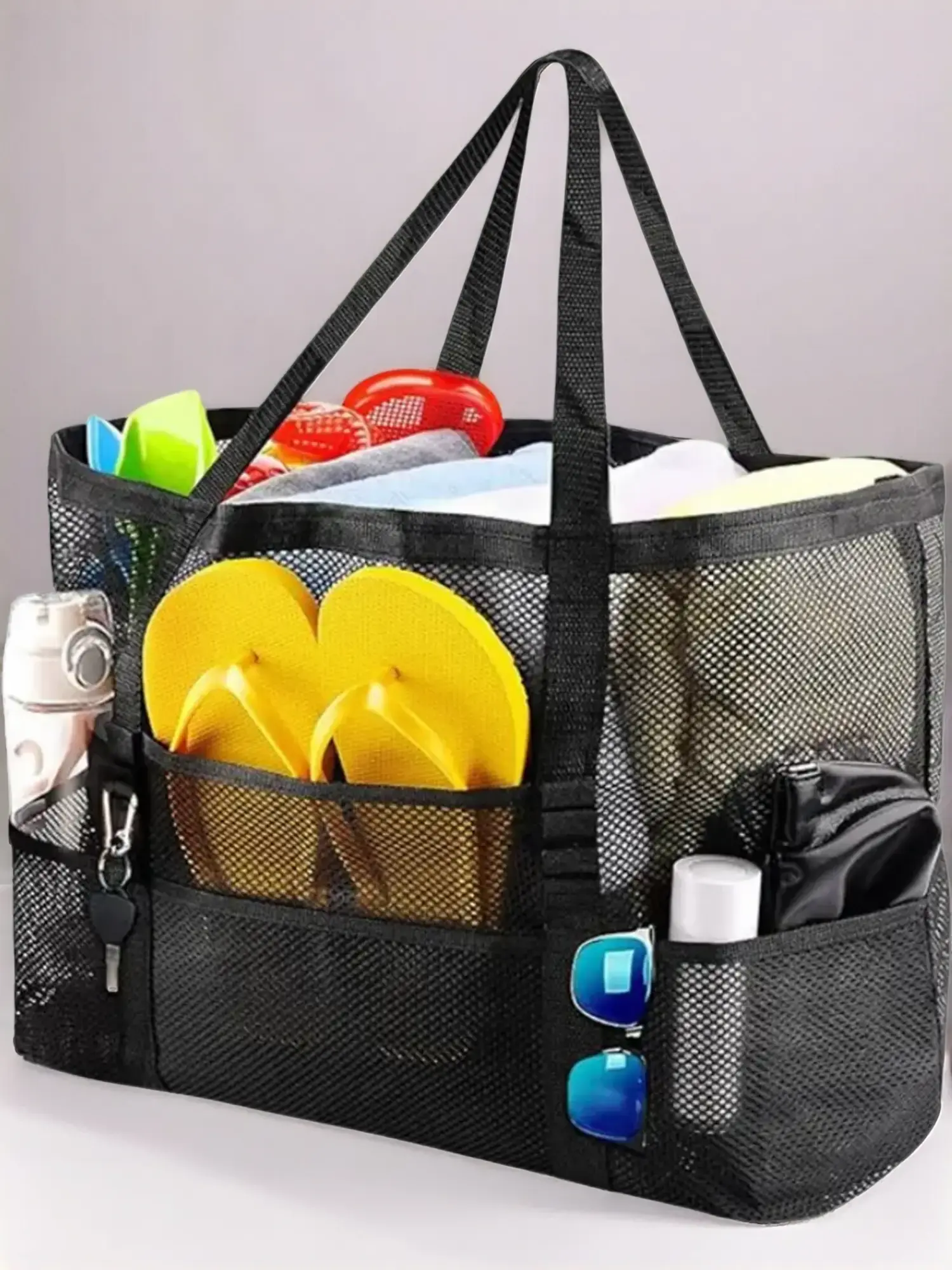 8 Pocket Mesh Beach Bag, Large Capacity Foldable Storage Bag, Durable Beach Gear Bag for Travel, Camping, Hiking, Fishing, Picnic, Gym Bag for Women,