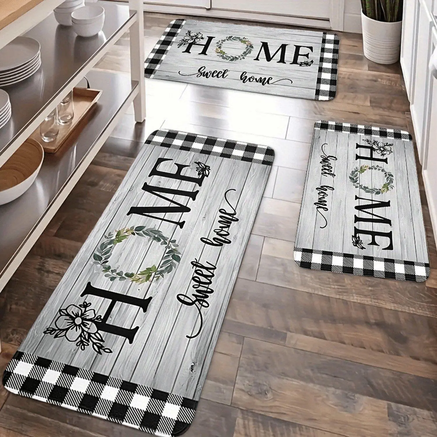 1pc Flannel Farmhouse Kitchen Mat, Machine Washable, Polyester, Lightweight, Rectangular, Stripe/Plaid/Plaid Pattern, Standing Mat, Suitable for Spring and Summe
