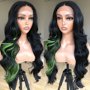BlackSwern Halloween Skunk Strip Synthetic T Part Glueless HD Lace Body Wave Wigs, Pre Plucked, Glueless Lace Wigs for Black Women .Brown Skunk / Green Skunk,24 inch