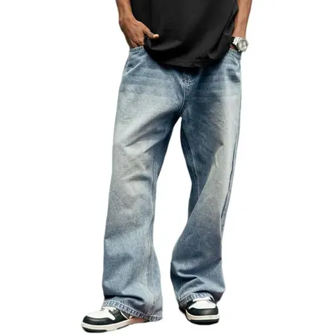 HUNGSON Men's Baggy Cotton Denim Jeans - Elastic Waist, Wide Leg, Relaxed Fit, Ankle Length, Y2000 Skater, American Retro, Androgynous Vintage Plain Trousers with Pocket - All Seasons Casual Streetwear Beige Bottoms