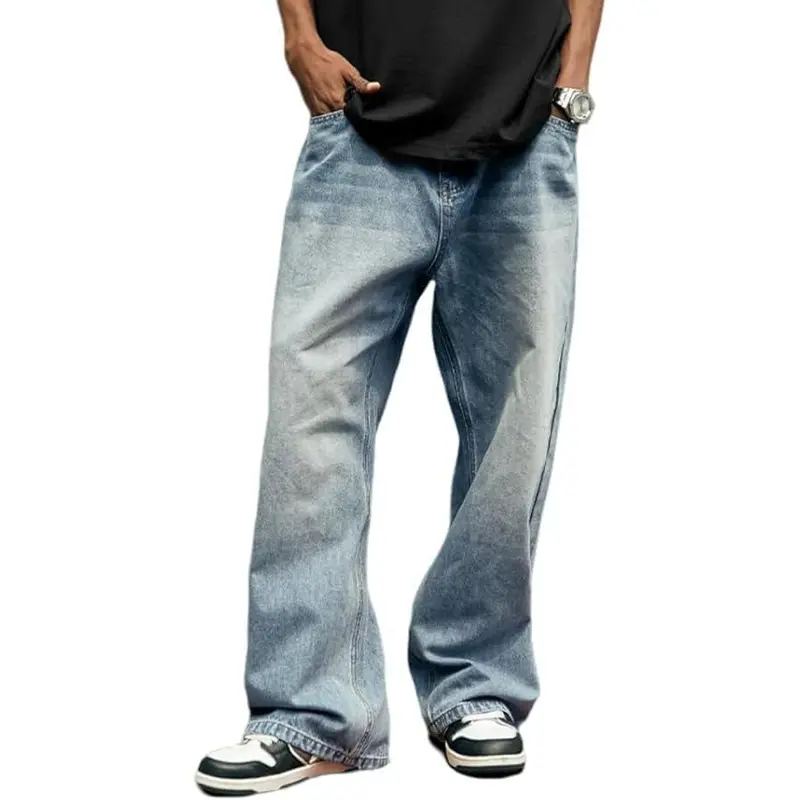 HUNGSON Men's Baggy Cotton Denim Jeans - Elastic Waist, Wide Leg, Relaxed Fit, Ankle Length, Y2000 Skater, American Retro, Androgynous Vintage Plain Trousers with Pocket - All Seasons Casual Streetwear Beige Bottoms