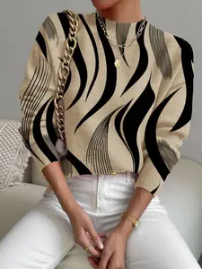 Women's Zebra Stripe Colorblock Print Stand Collar Sweater, Fall Winter Casual Fitted Long Sleeve Striped Knitwear, Comfortable Warm Daily Wear, Womenswear