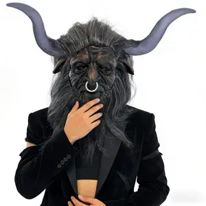 Halloween mask — bull-headed demon king latex mask; head and mouth are movable; realistic horror plush costume; suitable for adults; ideal for Halloween, gothic events, and photography
