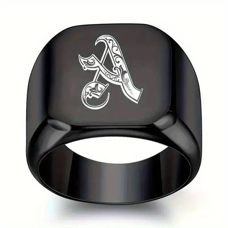 Male Large Square 26-Letter Initial Ring - 1pc Black Punk Stainless Steel Fashion Costume Jewelry, Bold Statement Design, Sleek Polished Finish, Casual Daily Accessory, Valentine's Day Gift for Him
