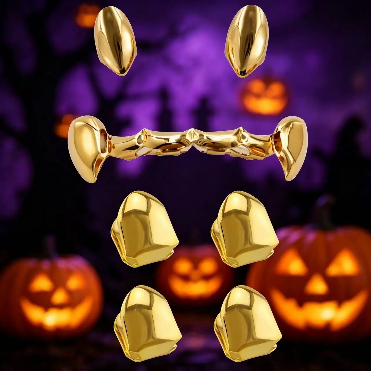 Gold Plated Vampire Fangs Grillz Set, Removable Hip Hop Teeth Caps, Punk Hollow Dental Grills, Vampire Tooth Accessories for Halloween Cosplay, Club Party, Rapper Performance Unisex Fashion Costume Gift