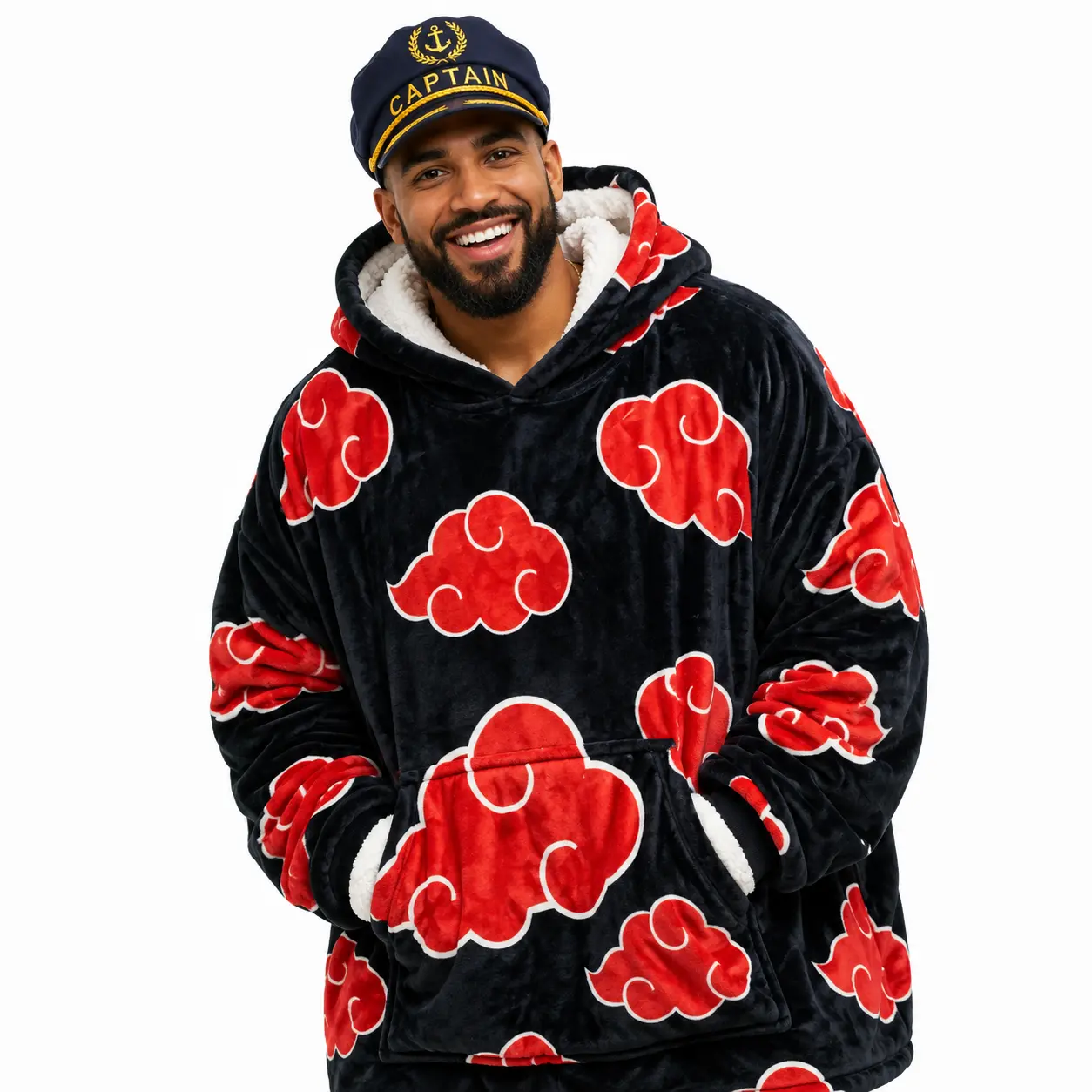 Women's Oversized Anime Red Cloud Pattern Blanket Hoodie - Soft Sherpa Fleece Lined Pullover, Longsleeves Tops, Sweatshirts with Large Pocket, Lightweight for Adults, Otaku Style, Pullover Hoodie, Akatsuki Cloud Graphic Women's Hoodies