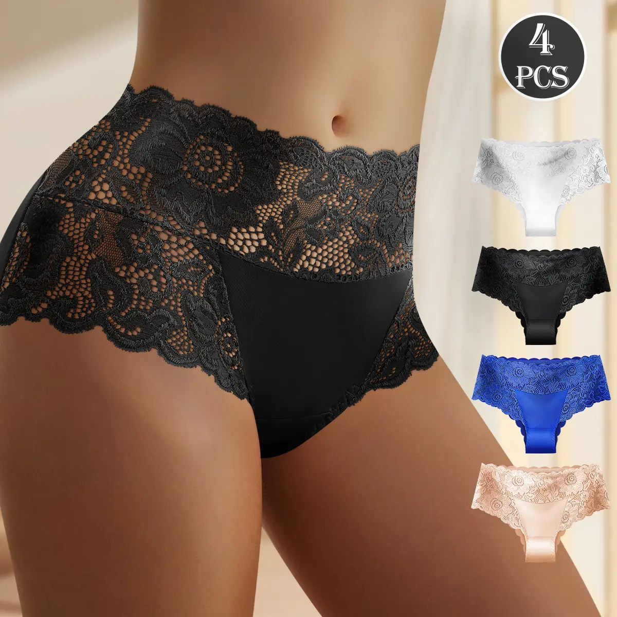 4PCS Women's Mid Waist Lace Sexy Panties, Solid Color Skin-Friendly Elastic Full Coverage Fashion Comfortable Briefs, Minimalist Breathable Elegant Underwear, Daily Wear, S-XXL