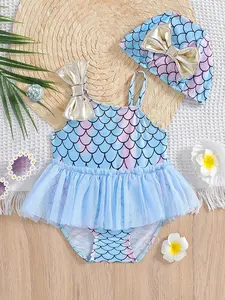 Cute Baby Girl Summer Mermaid Swimsuit, Toddler Swimsuit, Cartoon Pattern Tankini with Bow and Ruffle, Perfect for Beach Fun and Gift for Mother's Day