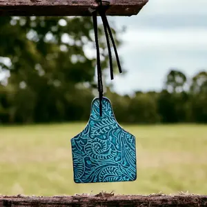 Hanging Car Freshie, Cow Tag - Black with Blue Pattern, Made to Order, 4.25" x 3.25", Fresh Scent for Car Interior, Closet, Locker, Camper, Hang Only
