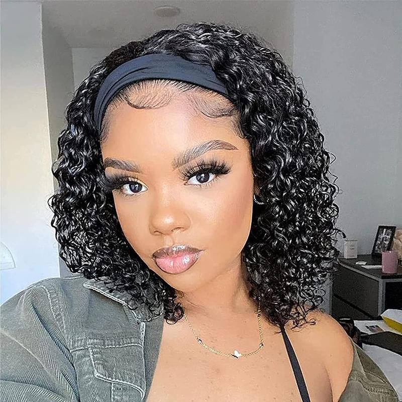 Bling Hair kinky Curly Headband Wig Human Hair 12inch None Lace Front Wigs Brazilian Virgin Hair Machine Made Wigs Glueless Deep Curly Wave Headband Half Wigs for Black Women Human Hair Natural Color