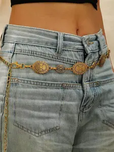 Women's Bohemian & Western Style Floral Geometric Vintage Waist Chain, Casual Fashion Belt, Retro Design Accessory, Adjustable Belts