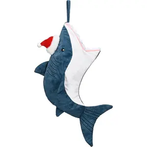 21 Inches Christmas Stockings Decorations, Dark Blue Shark Plush Stocking with Name Tag, Cute Fabric Stockings for Christmas Fireplace Decor