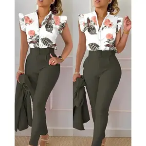 2 piece sets women New Fashion Printed Ruffle Sleeve Top Solid Color Trousers Suit with Belt Floral Womenswear Clothes Fitted