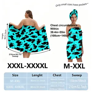 Sizes M-XXXXL, plus size, lake blue with ink-splatter pattern. Suitable for women, as an absorbent hair wrap after bathing, spa, and pool use. A must-have for home and travel.