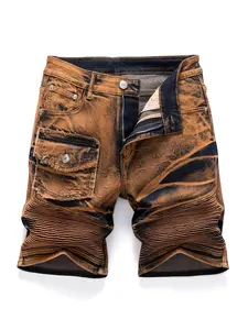 New European and American vintage old light brown multi-pocket Distressed Mid Denim jeans