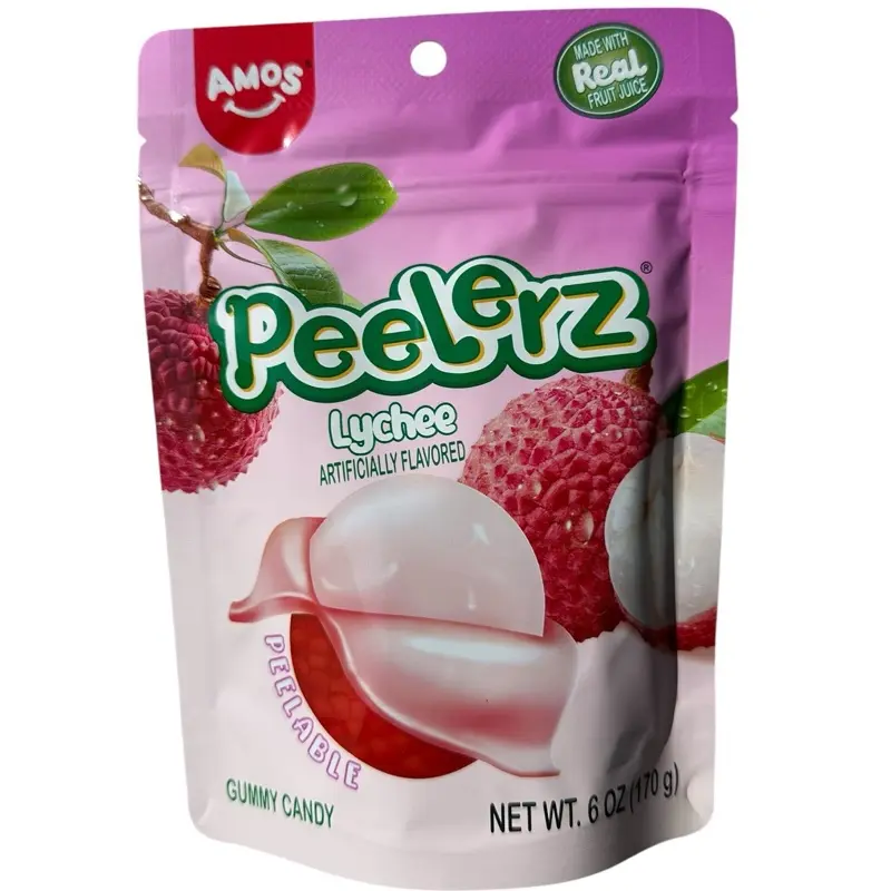 Amos Peelerz Lychee Gummy Candy Peelable Lychee Gummy Candy Resealable 6 oz Bag Sweet Snack Fruity