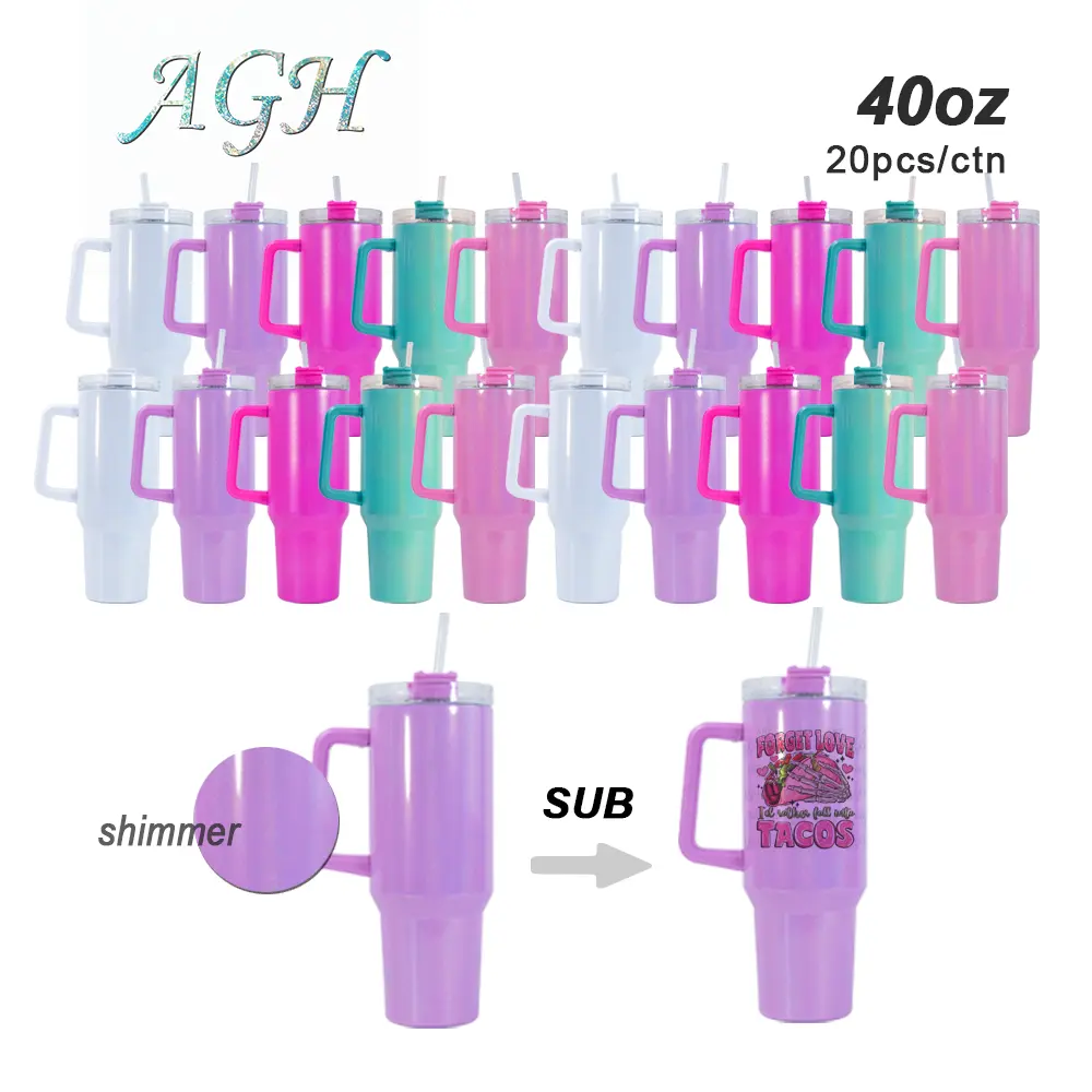 AGH Mix Color 12/20pcs 40oz sublimation glitter shimmer double wall stainless steel mug with removable handle