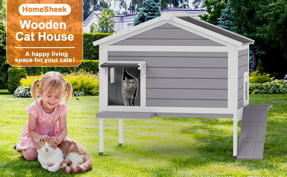 Cat House with Insulated Liner, Insulated Feral Cats Shelter Keep Warm in Winter Outsides, Easy to Install Weatherproof Outdoor Indoor Kitty House for Winter(Grey，20.08"D x 32.56"W x 35.79"H）
