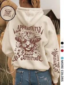 Women's Hooded Sweatshirt Casual Sporty Outdoor Warm Knit Fashion Loose Fit Versatile Daily Wear, Letter Animal Cow Print Design