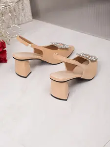 Women's Crystal Buckle Slingback Block Heel Pumps, Pointed Toe Open Back Mid Heel Shoes, Comfortable Formal Footwear for Office Work, All-Season Versatile Dress Shoes, Large Size Friendly, Elegant Heels for Daily Commute & Events