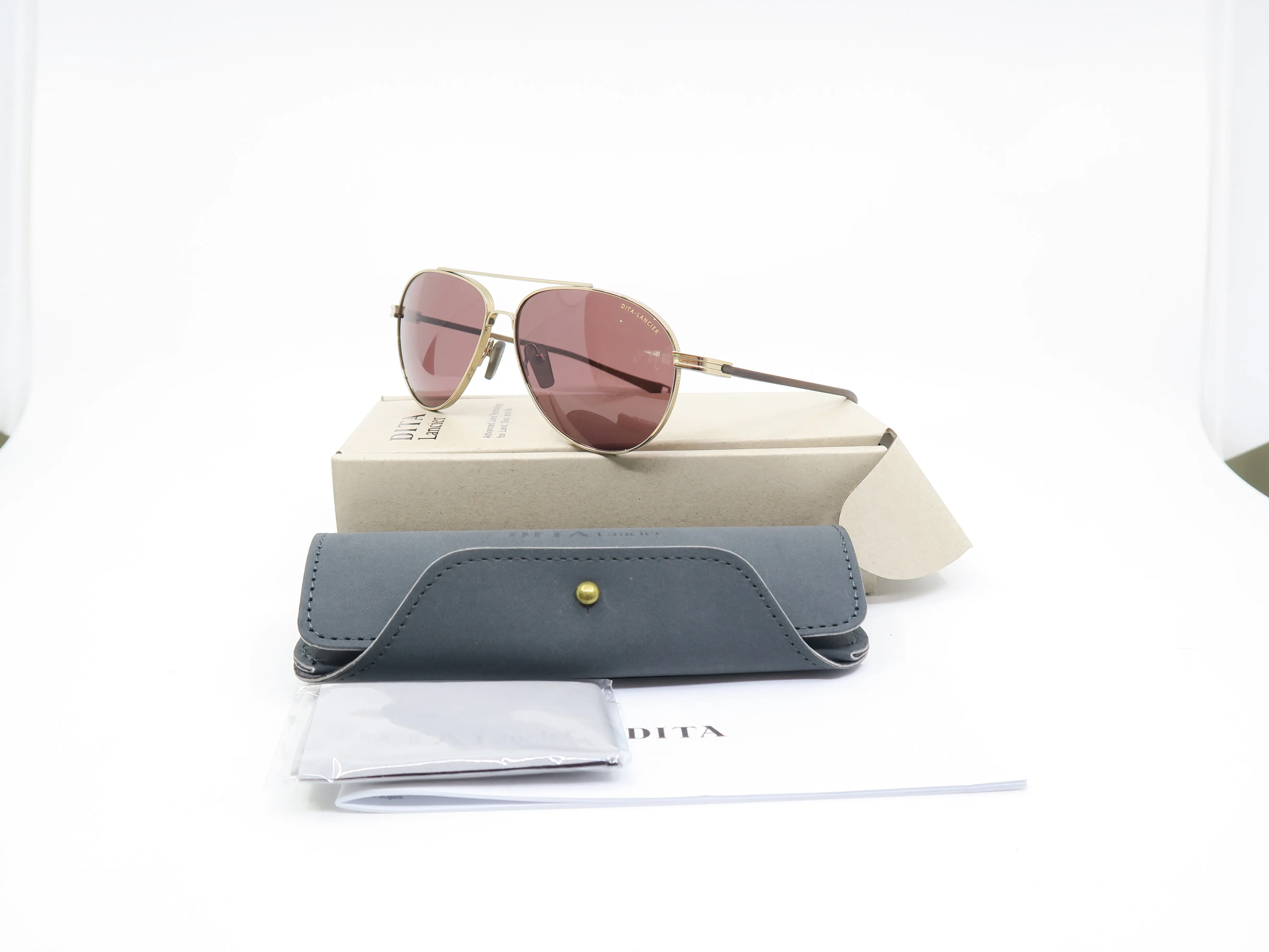 DITA Ichi Lancier DLS-418-A-01 Gold & Brown Titanium Aviator Sunglasses Frames, Full Rim, Metal & Plastic, with Cube Details Around the Rims, New, Unisex, Uv Protection, 61Mm 14Mm 144Mm
