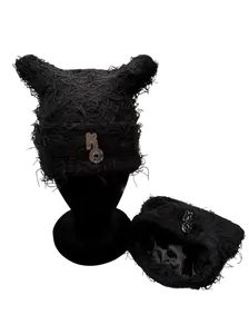 Black Boxed Distressed Beanie - Satin Lined