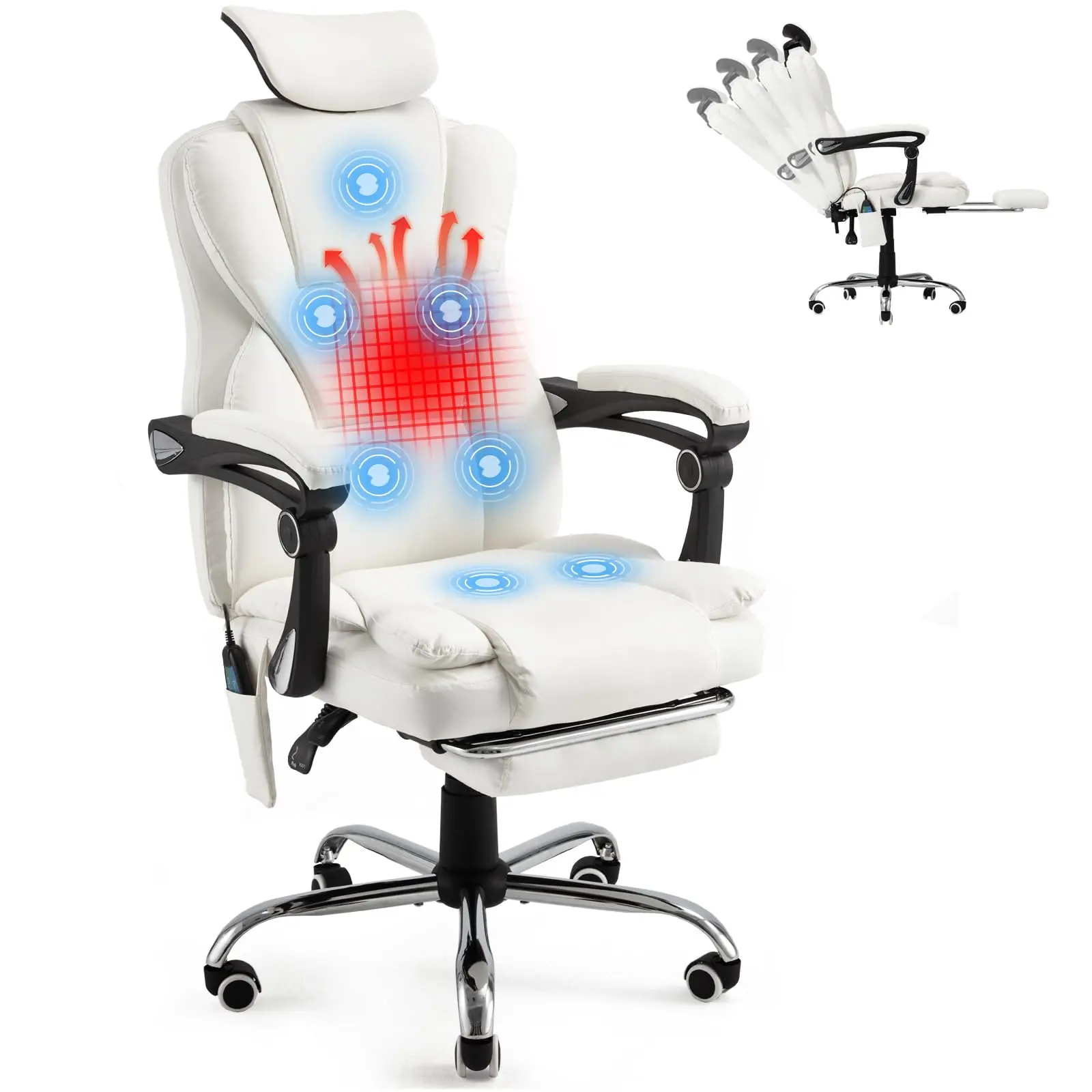 Ergonomic Massage Office Chair - 7-Point Vibration & Heating System, Adjustable Headrest/Footrest, Faux Leather Executive Recliner