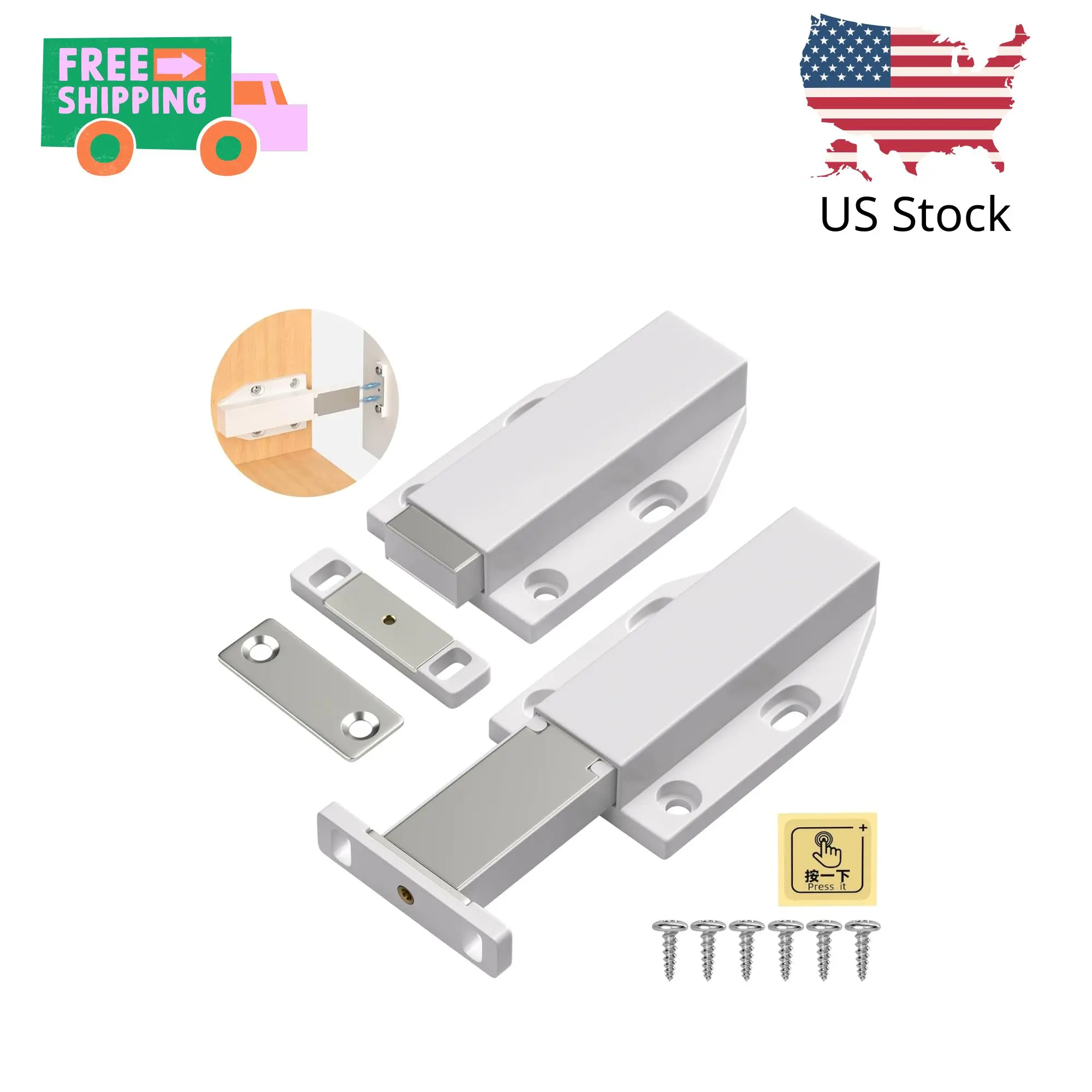 Magnetic Push Latch Heavy Duty Push to Open Cabinet Hardware Magnetic Touch Latches (White, 2 Pack)