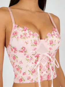 Women's Lace-Up Halter Top, Spaghetti Strap, Cute Floral Embroidery Mesh, Soft Fabric, Back Lace Patchwork, Annual Must-Have Tight-Fitting Fitted Cami Vest, Floral Lace Sleeveless