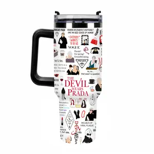40oz The Devil Wears Prada Insulated Coffee Tumbler with Straw and Handle Black White Handle Options 304 Stainless Steel Vacuum Insulated Leak Proof Travel Mug Classic Movie Quotes Fashion Drinkware for Office Commute Car Daily Use