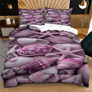 Purple Seashell Starfish Duvet Cover Set, Ocean Beach Themed Bedding Set, 3D Digital Print Bed Set with 1/2 Pillowcases (No Core), Soft Microfiber Bedding, All Season Zipper Closure Comforter Cover, Cozy Beachy Bedroom Decor for Kids Adults