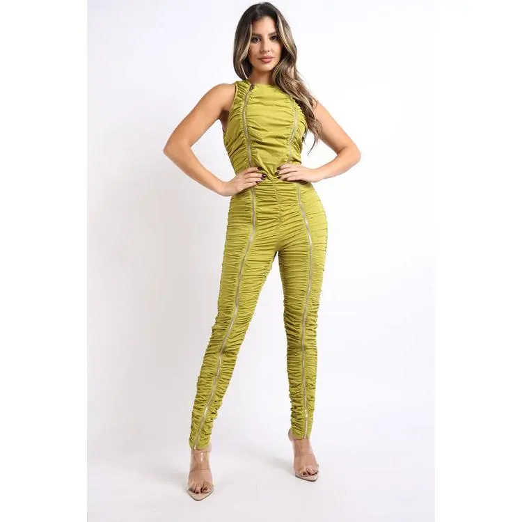 Track Zipper Ruched Jumpsuit Ruffle Dress Bodycon Jumpsuit CHARTREUSE