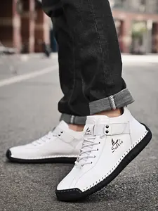 High Quality Hand Stitched Men High Top Casual Sneaker Shoes, Hand Wrapped Edge Buckle Strap Soft Non-Slip Comfort Daily Commute Outdoor Walking Shoes