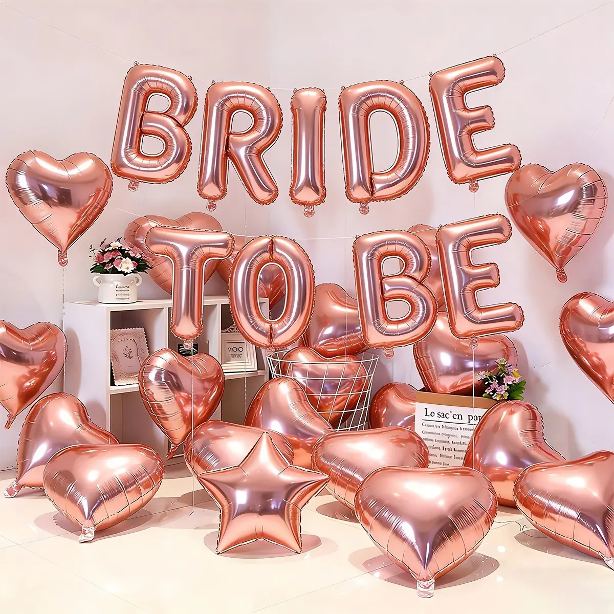 16 inch rose gold letter balloons "to be bride", containing 10 rose gold hearts and star aluminum foil balloons, with grass and ribbons, used for wedding decoration, bridal gift giving, and singles decoration (a total of 21)