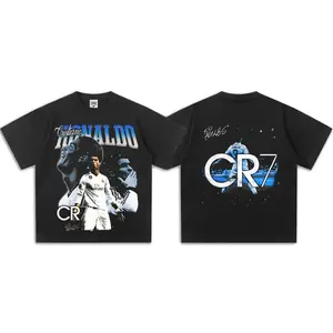 Ronaldo Global Football Superstar Dual‑Side Graphic Printed T‑Shirt Retro Acid Snow Wash Oversized Premium Heavyweight Cotton Short Sleeve Top Hip Hop Streetwear Trendy Casual Daily Sports Wear Unisex Fashion Accessories Tee For Men Women Soccer