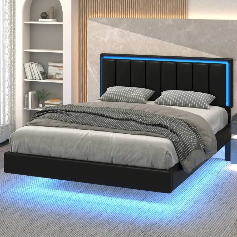 Twin Size LED Cloud Illuminated Modern Bed Frame with Trundle - PU Leather Upholstered Headboard, Solid Wood Slats Support, No Box Spring Needed, White/Black Floating Lights, Gingham Design, Mirror Accent, Double Metal Structure, Assembly Required, Led Li